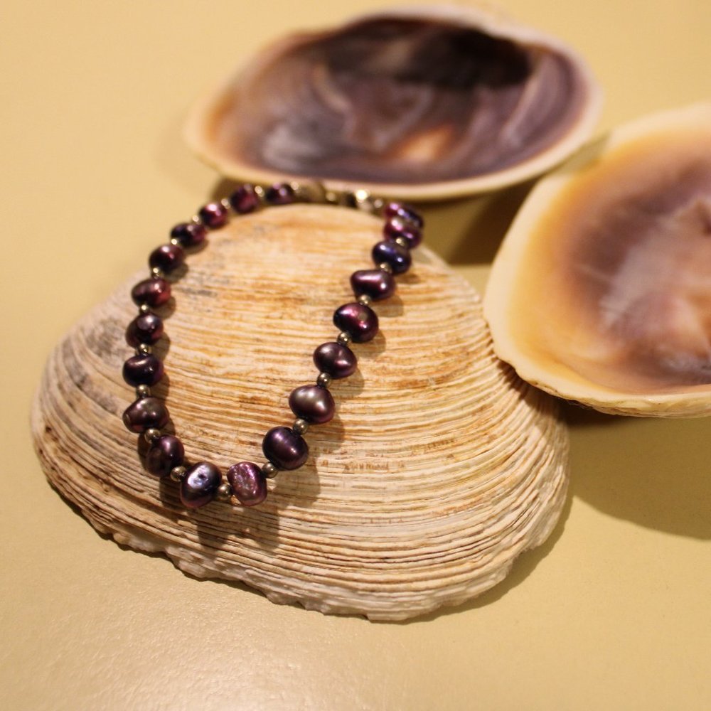 Synthetic Pearl & Silver Beaded Bracelet - Purple, 7 Inches